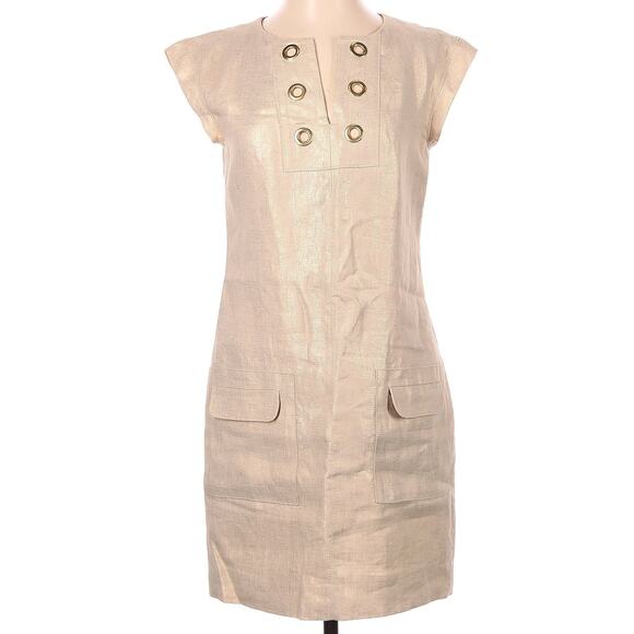 J. Crew Beige Golden Metallic Sleeveless Linen Shift Tunic Dress Pockets Sz. 00 - Picture 4 of 10
